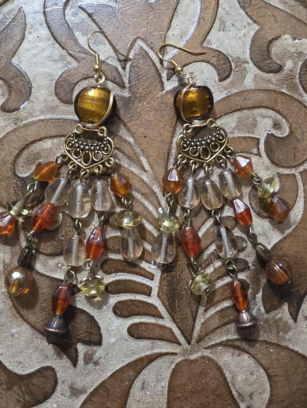Handcrafted Amber Glass Chandelier Earrings - Boho Drop Style Upcycled